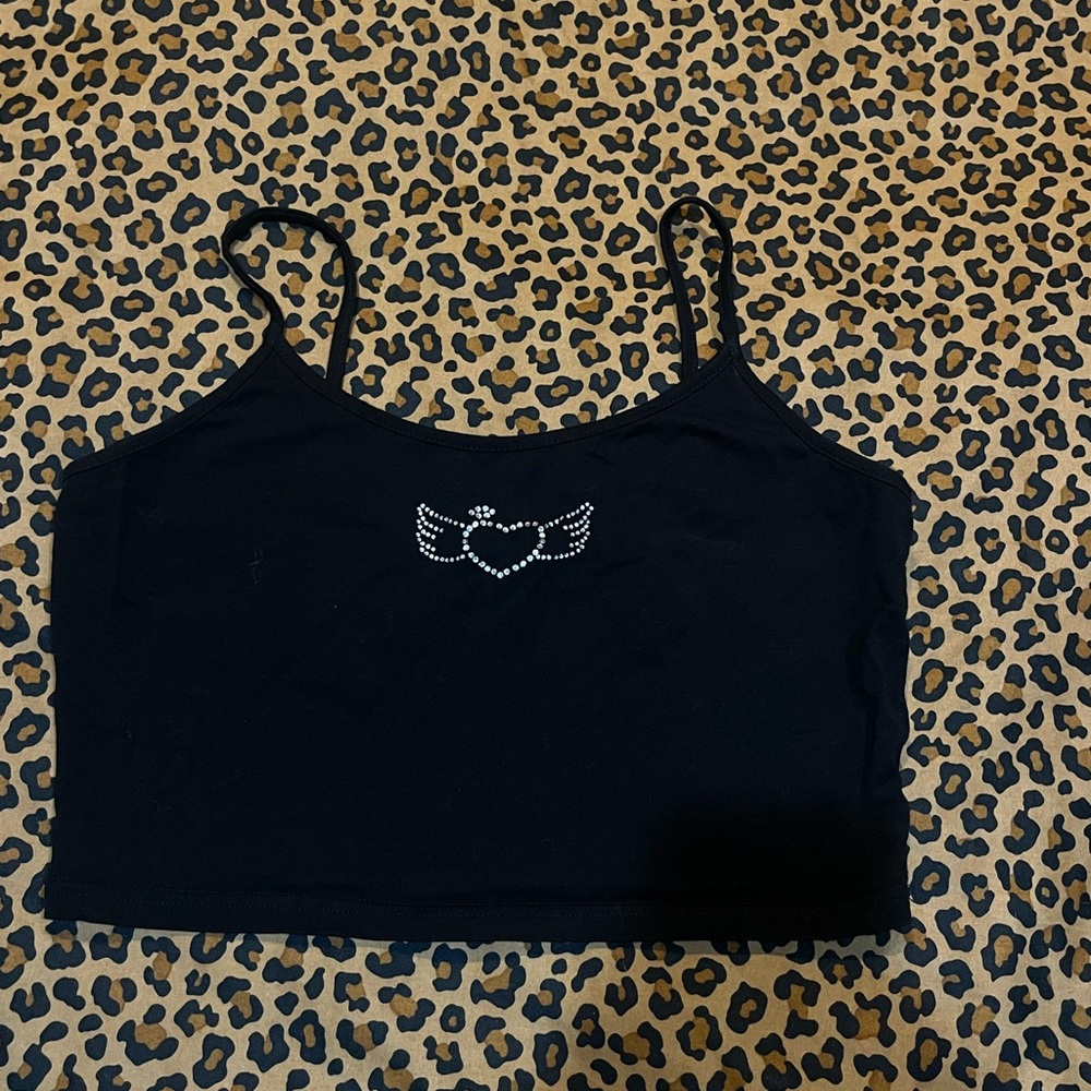 SHEIN Black Rhinestone Heart Angel Crop Top